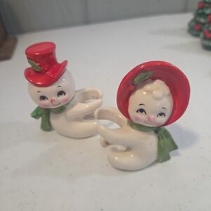 Set of Vintage Lefton Candle Huggers Figurines Christmas Snowmen Ceramic Decor